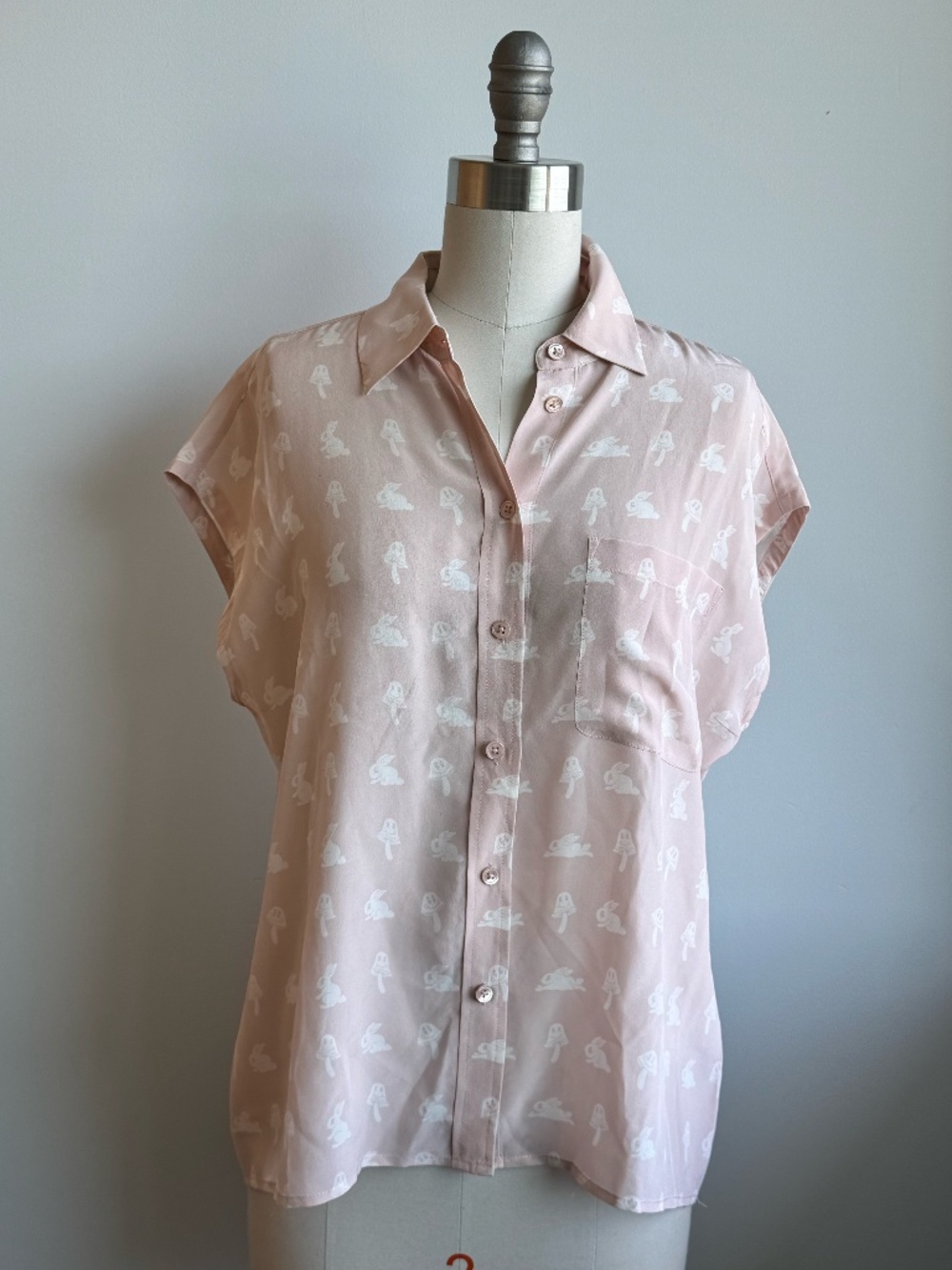 Equipment Femme 100% Silk Pink Bunny & Mushroom Print Button-Up Blouse XS